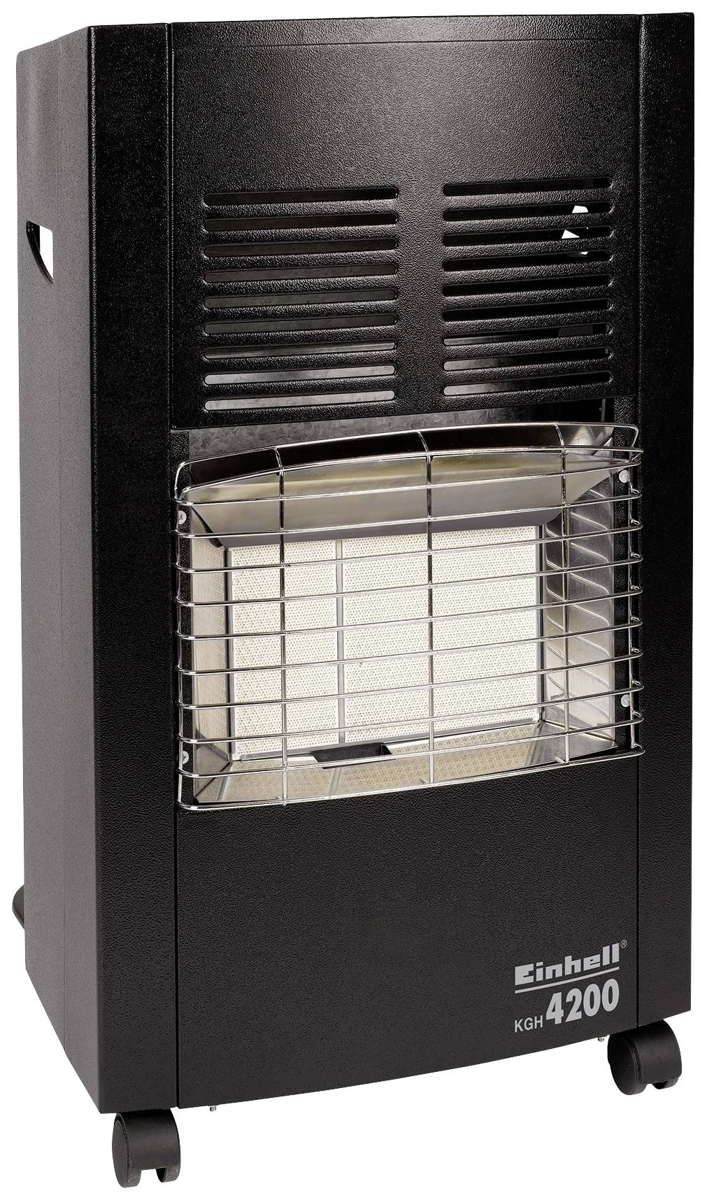 Un chauffage au gaz noir avec surface de chauffe visible et grille de sécurité. Mobile grâce à ses roulettes. Modèle : 'KGH 4200'.