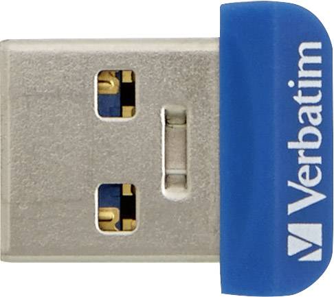 Une petite clé USB avec un boîtier bleu sur laquelle est inscrit 'Verbatim'.