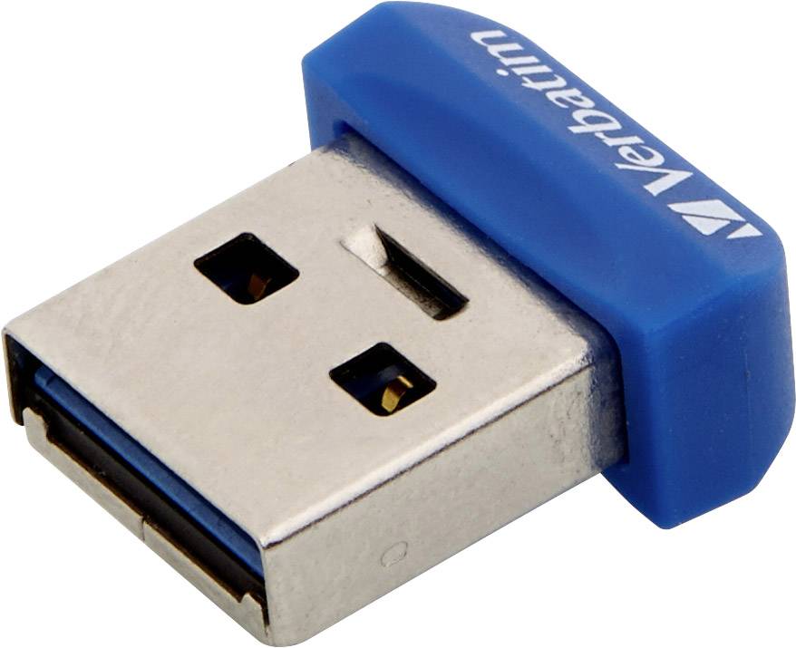 Clé USB avec boîtier bleu et logo 'Verbatim'. Petite et compacte, adaptée au stockage et au transfert de données.