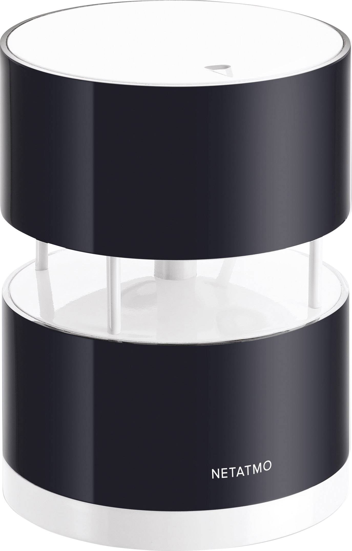 Un capteur météorologique noir et cylindrique de Netatmo, doté d'une construction à deux couches, adapté pour des évaluations intérieures et extérieures.