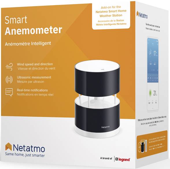 Emballage d'un Anémomètre Intelligent de Netatmo. Présente l'appareil et ses fonctionnalités telles que la mesure du vent et les notifications en temps réel.