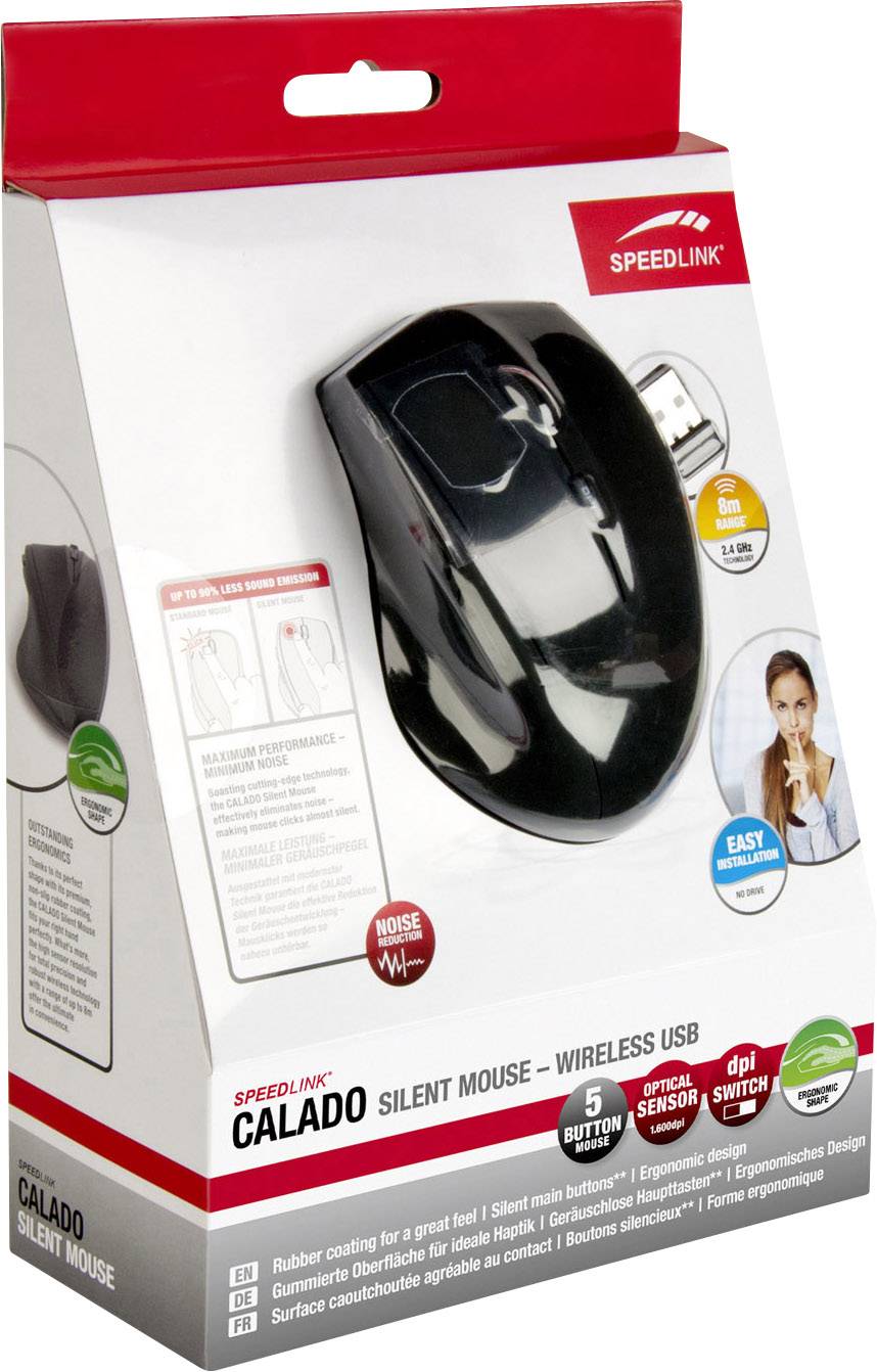 SpeedLink CALADO Silent Mouse Souris ergonomique radio optique noir 5 Boutons 1600 dpi ergonomique, molette intégrée