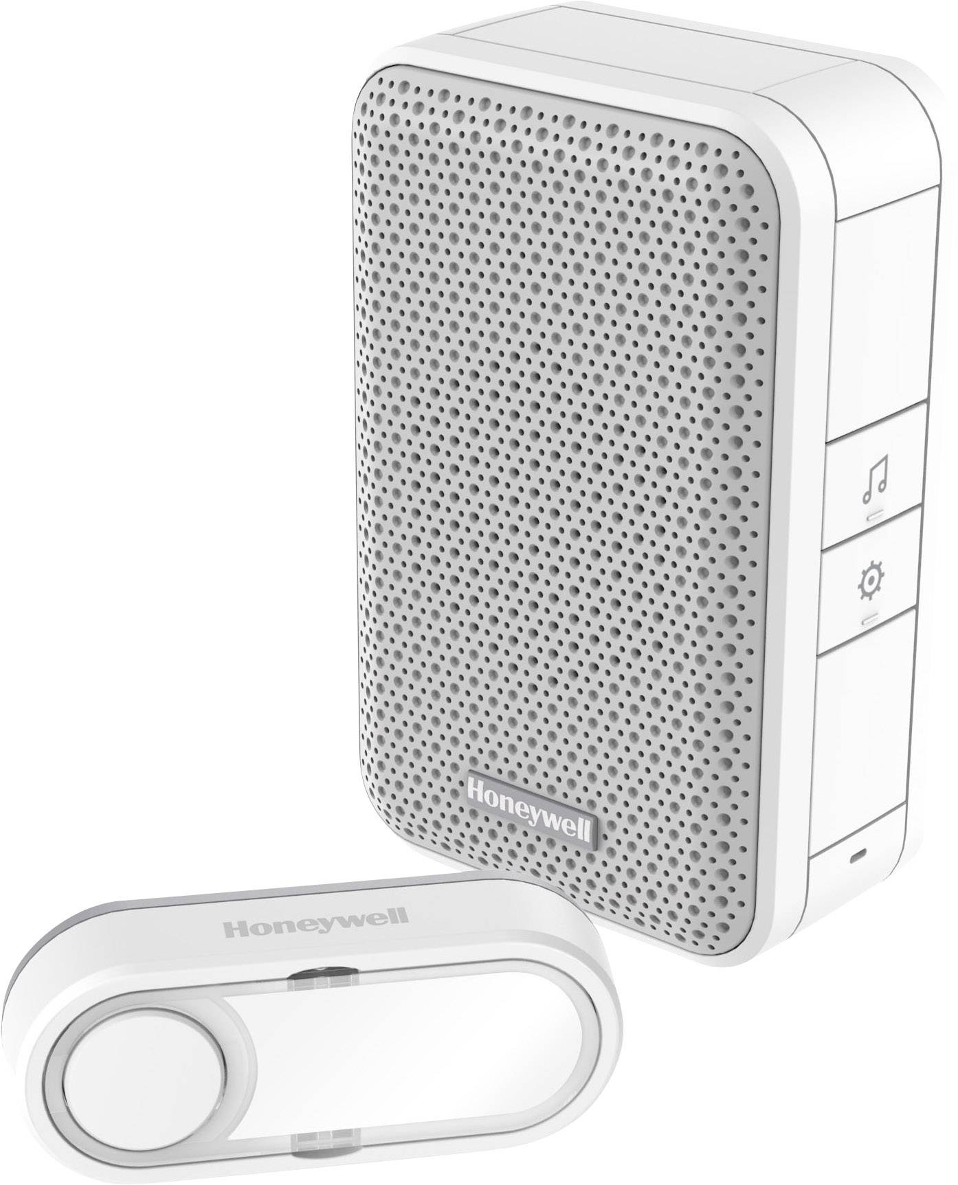 Un carillon de porte sans fil blanc de Honeywell, avec une grille de haut-parleur noire et son bouton-poussoir correspondant, conçu pour un usage domestique.