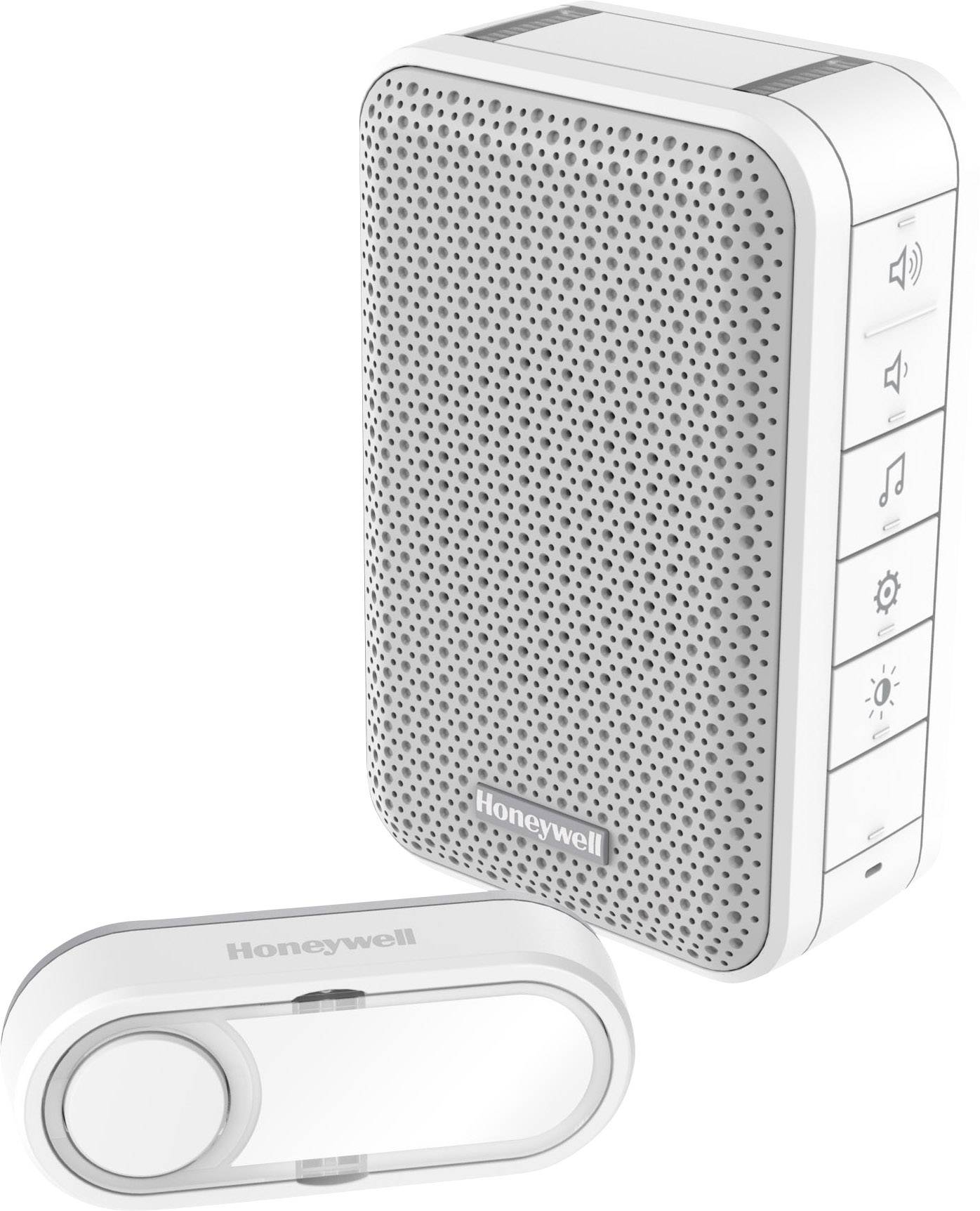 Sonnette blanche portable avec haut-parleur et bouton-poussoir amovible ; touches de volume, mélodie, lumière et configuration sur le côté.