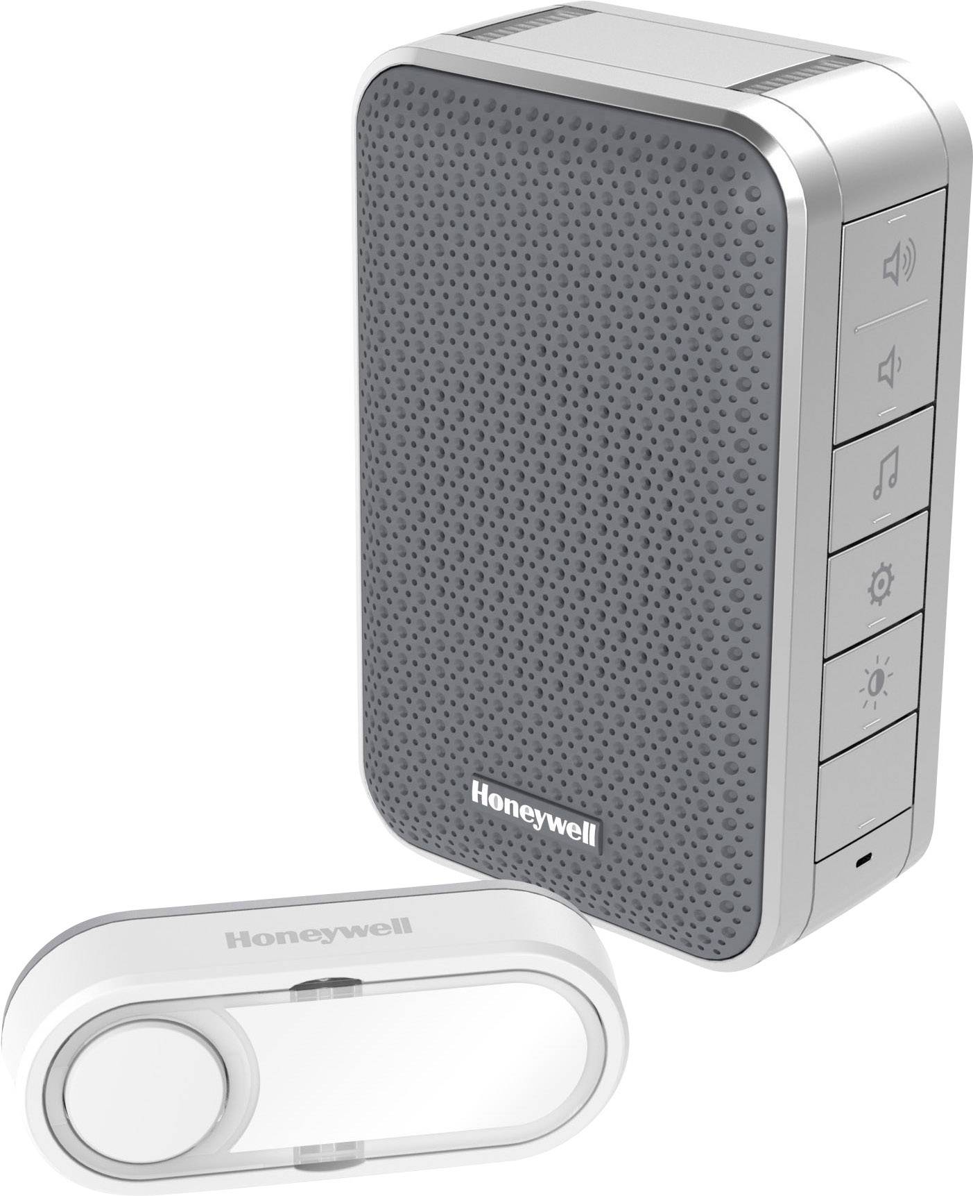 Sonnette sans fil avec récepteur portable et bouton-poussoir en argent et blanc. Le récepteur dispose de touches de réglage du volume.