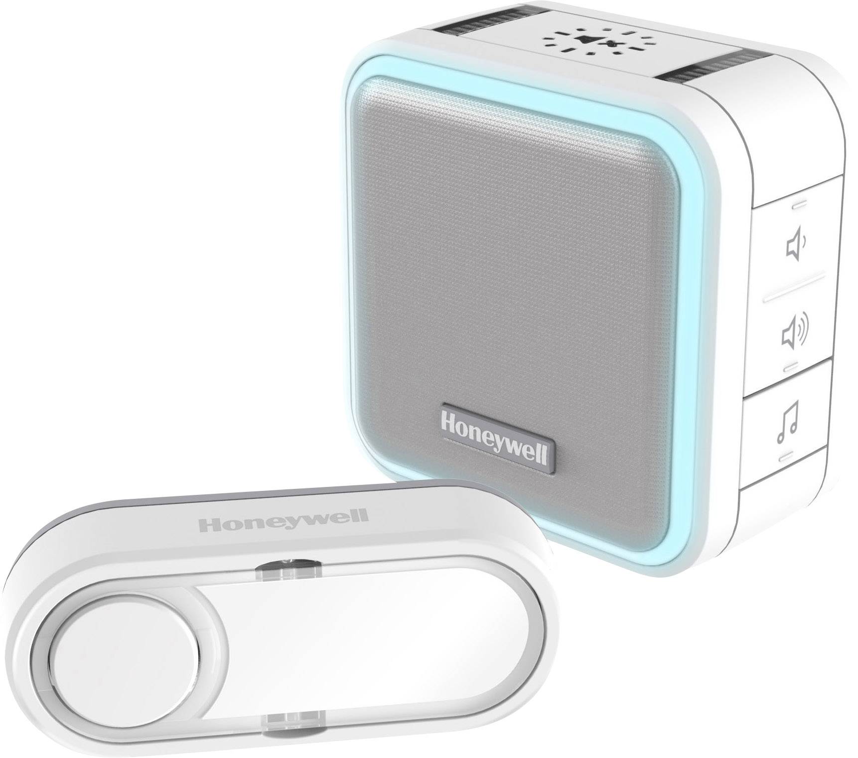 Une sonnette sans fil de Honeywell, composée d'un haut-parleur avec un anneau lumineux LED bleu et un bouton d'appel séparé.