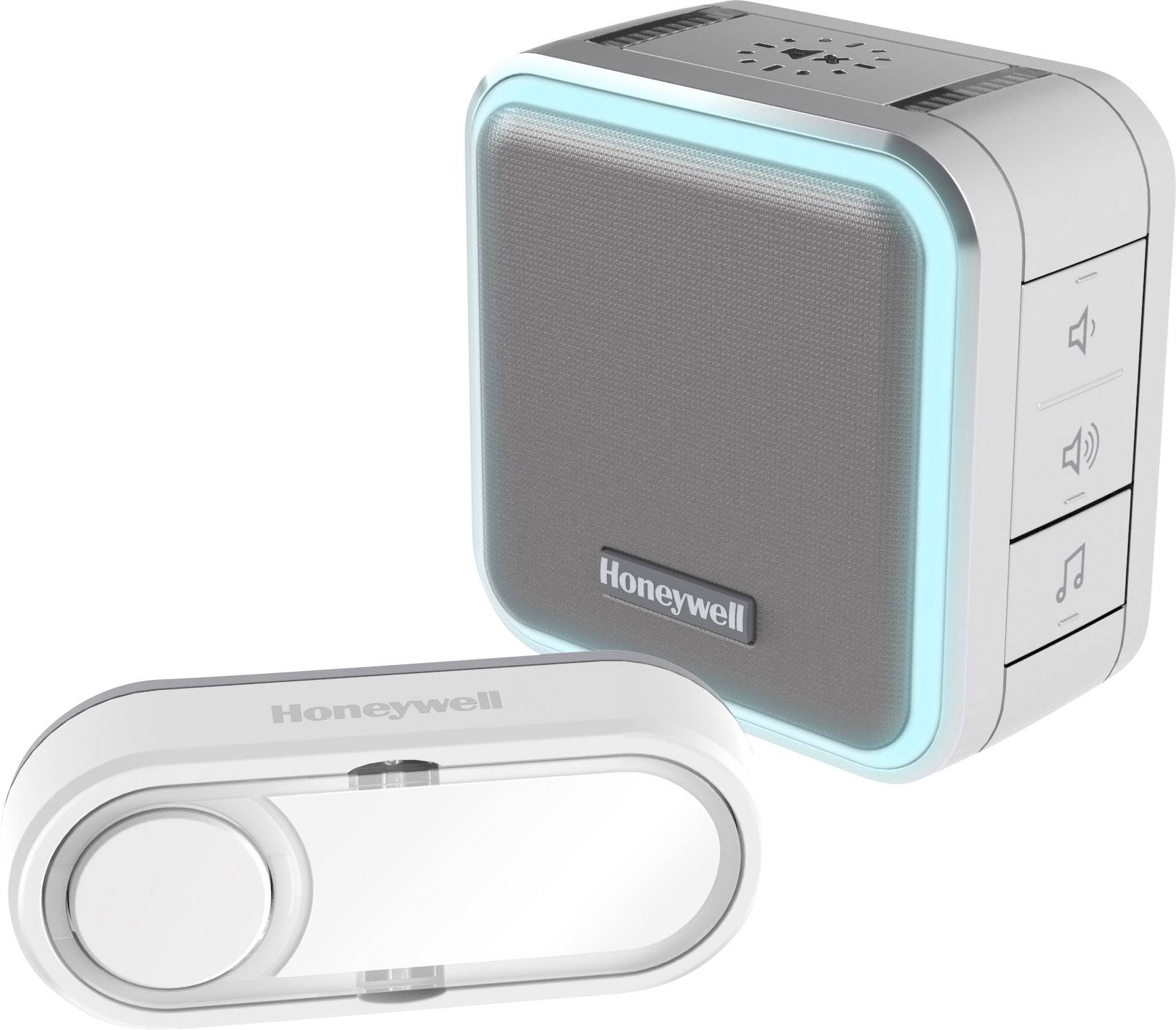 Ensemble de sonnette Honeywell avec bouton-poussoir sans fil et récepteur, adapté aux foyers modernes. Récepteur équipé d'un régulateur de volume et d'un indicateur lumineux.