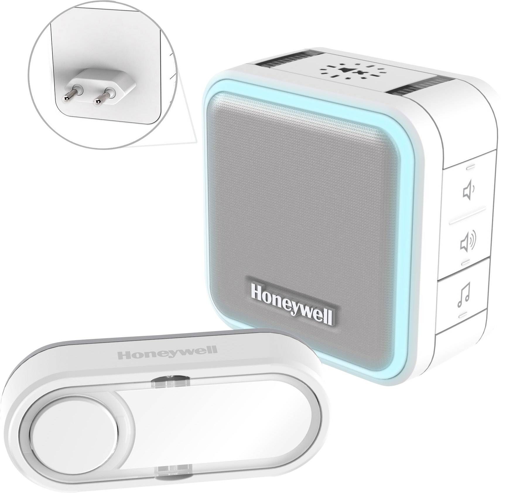 Sonnette sans fil Honeywell avec récepteur et émetteur, cadre lumineux, réglage du volume et différentes sonneries.
