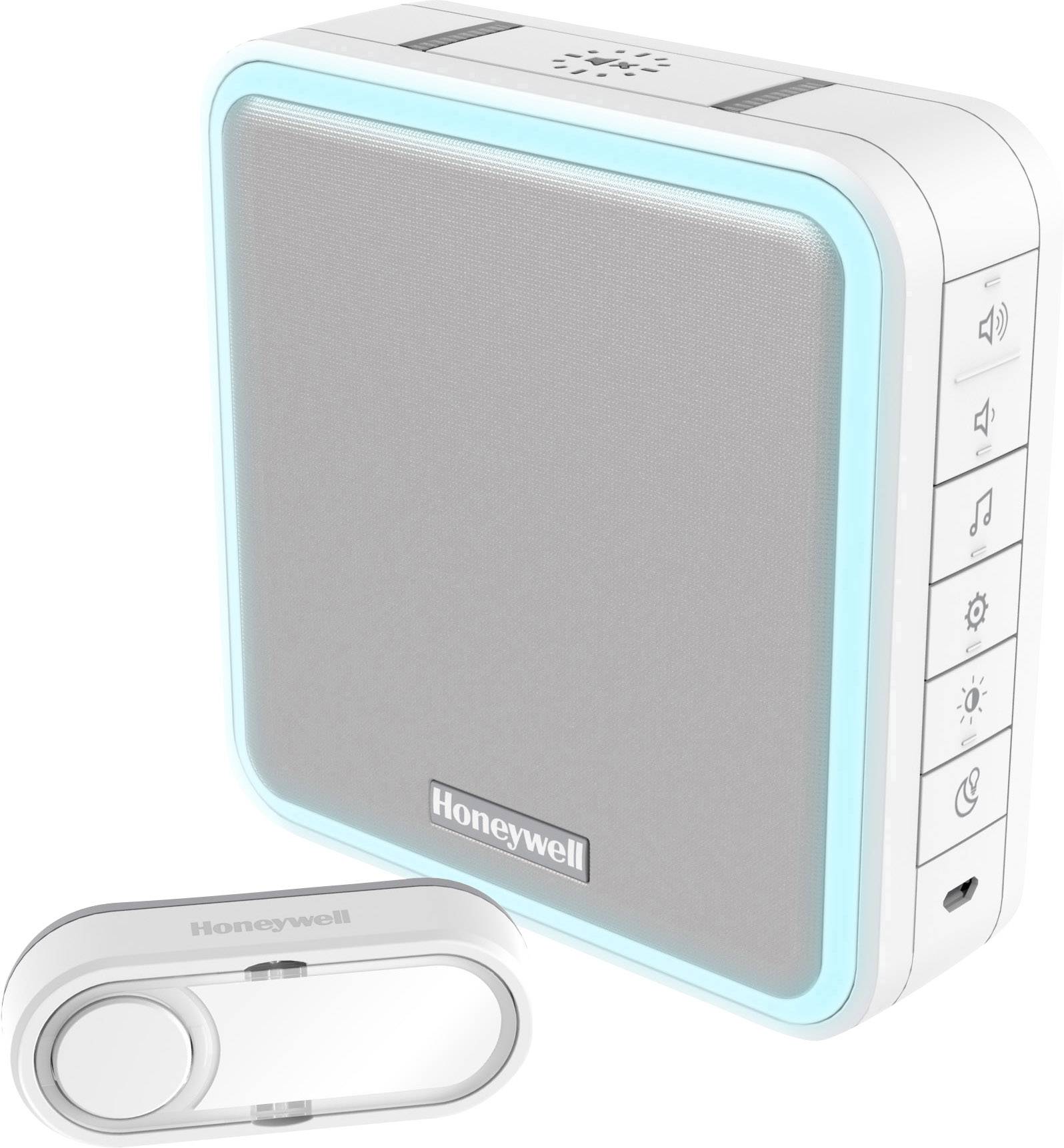 Un ensemble de sonnette sans fil avec un récepteur blanc carré doté d'un voyant LED bleu et un bouton rectangulaire.