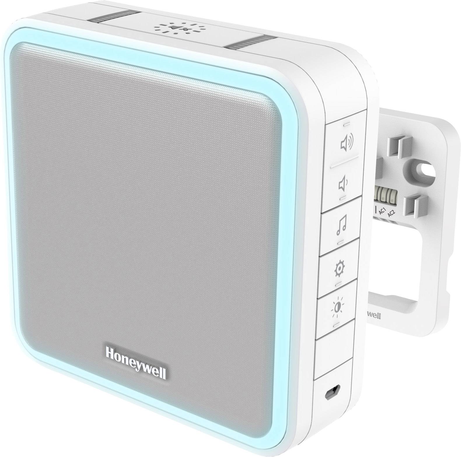 Un carillon de porte Honeywell blanc, carré, avec un bord LED bleu et des touches latérales pour différentes fonctions.