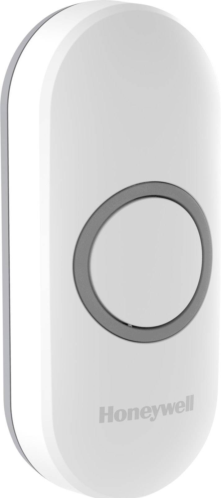 Sonnette blanche, de forme ovale, avec un bouton gris, portant le nom de marque 'Honeywell' en bas.