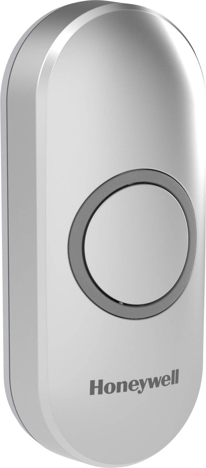 Poignée de porte Honeywell argentée, arrondie, avec bouton central ; design moderne et minimaliste.