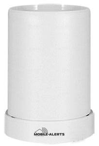 Un pluviomètre cylindrique blanc de Mobile-Alerts pour la surveillance météorologique.