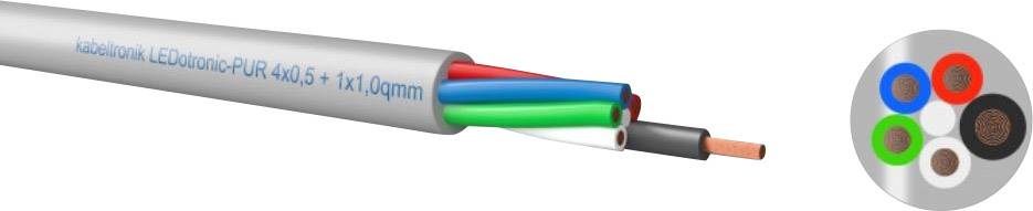 Câble illustré avec quatre conducteurs internes colorés (bleu, rouge, vert, noir) et des âmes en cuivre. La coupe transversale montre la disposition des conducteurs.