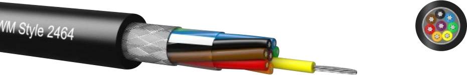 Coupe transversale d'un câble multibrins avec cinq conducteurs de couleurs différentes : Bleu, Vert, Rouge, Jaune, Marron dans une gaine noire, vue en coupe à droite.