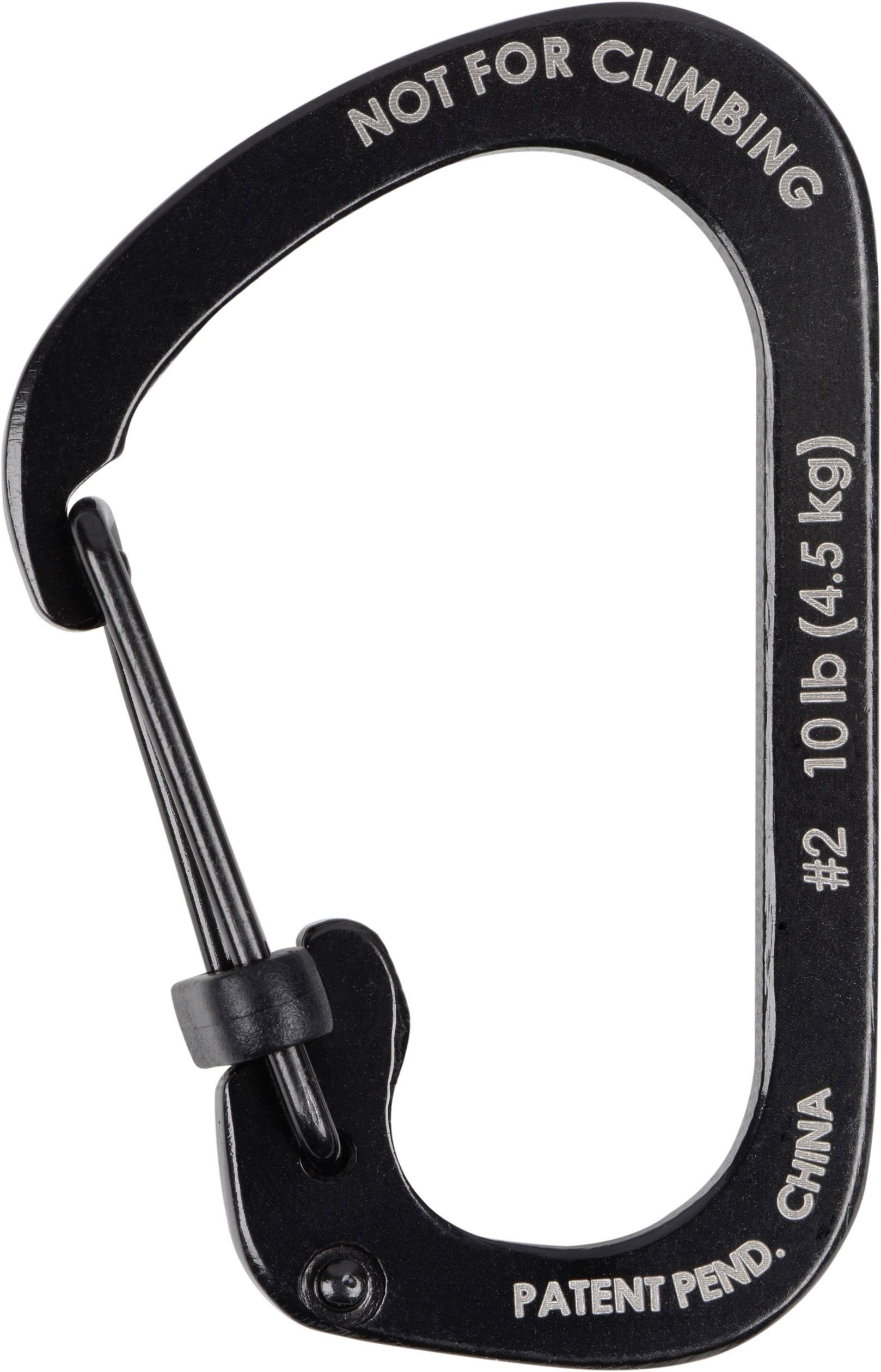 Mousqueton noir avec texte gravé : « NOT FOR CLIMBING », « 10 lb (4,5 kg) », « #2 », « PATENT PEND. », « CHINA ».