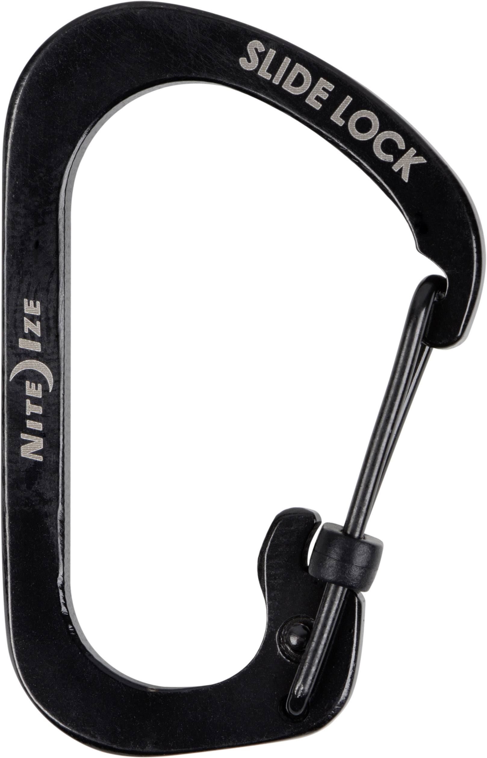 Mousqueton noir avec inscription 'SLIDE LOCK'. Adapté pour des connexions et des fixations sécurisées. Marque 'Nite Ize'.