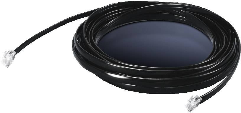 Un long câble Ethernet noir avec des connecteurs RJ45 à chaque extrémité, enroulé sur un fond sombre.