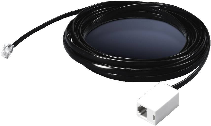 Câble réseau noir avec une fiche RJ45 d'un côté et un adaptateur blanc de l'autre, enroulé.