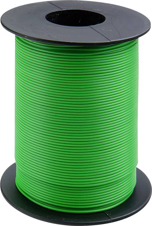 Rouleau de câble vert sur un noyau de bobine noir, debout.