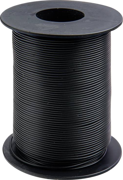 Rouleau de câble noir, vertical. Bobine cylindrique avec un câble noir enroulé serré, disques en plastique noir aux extrémités supérieure et inférieure.