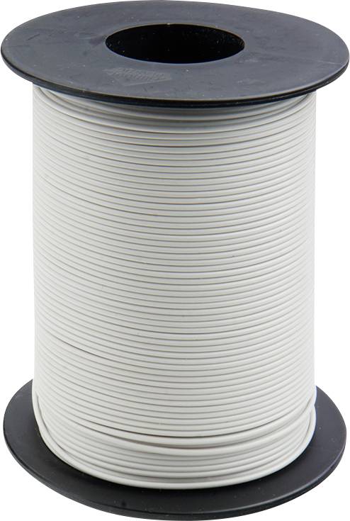 Une bobine noire avec un fil blanc enroulé, debout verticalement.