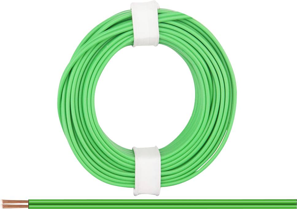 Bobine de fil vert, soigneusement enroulée, avec une extrémité de cuivre dénudée. Utilisée pour les connexions électriques ou les travaux manuels.