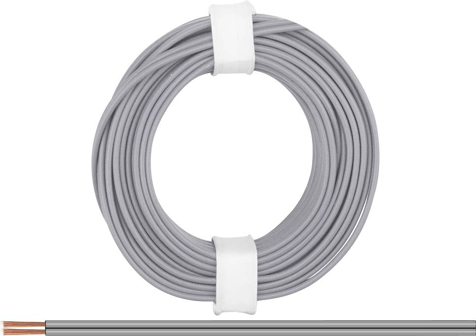 Câble gris enroulé et fixé avec des attaches de câble blanches, avec une section exposant un fil de cuivre à nu.