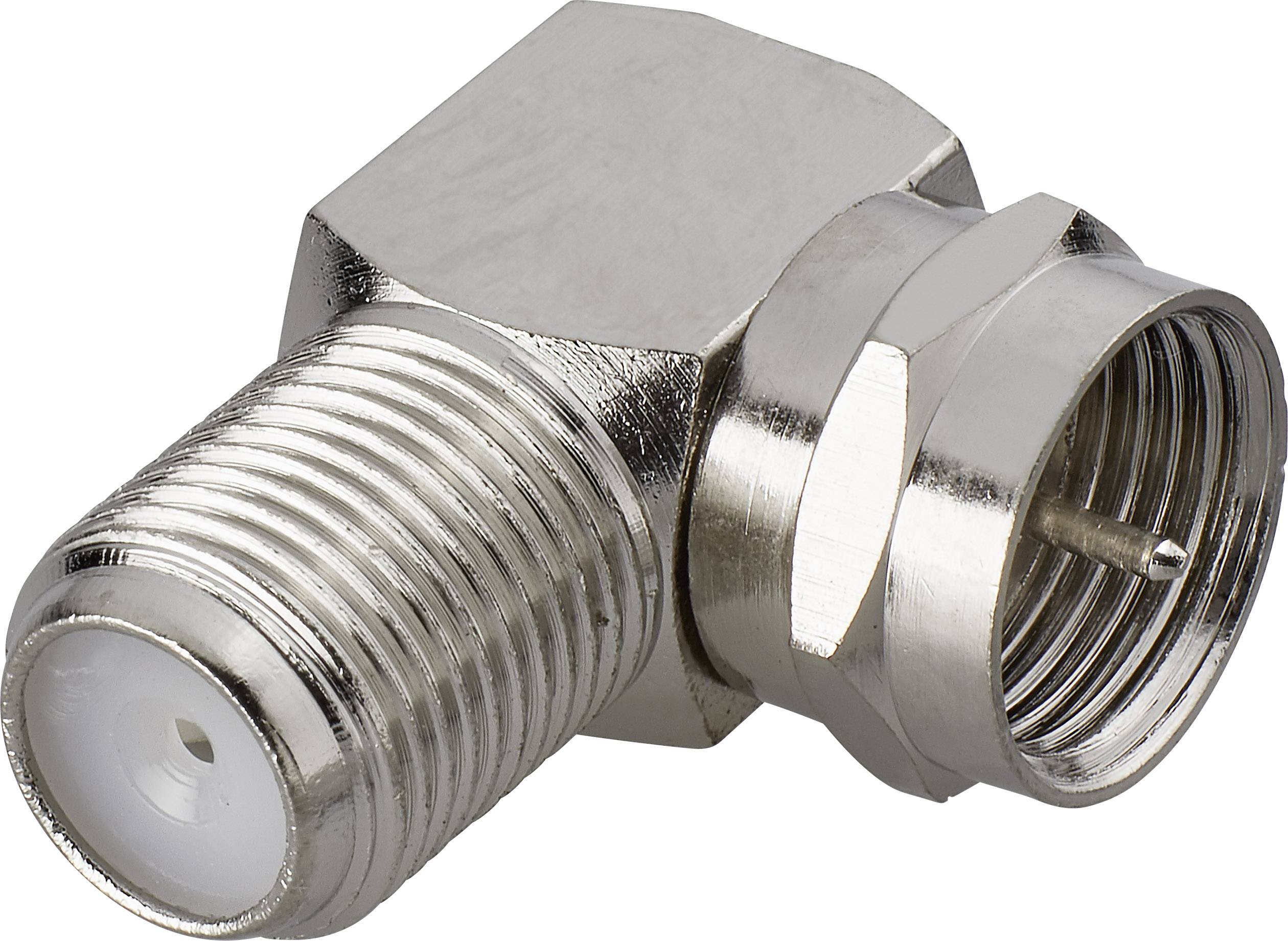 Un adaptateur coudé à 90 degrés en métal, utilisé pour les connexions de câbles coaxiaux.