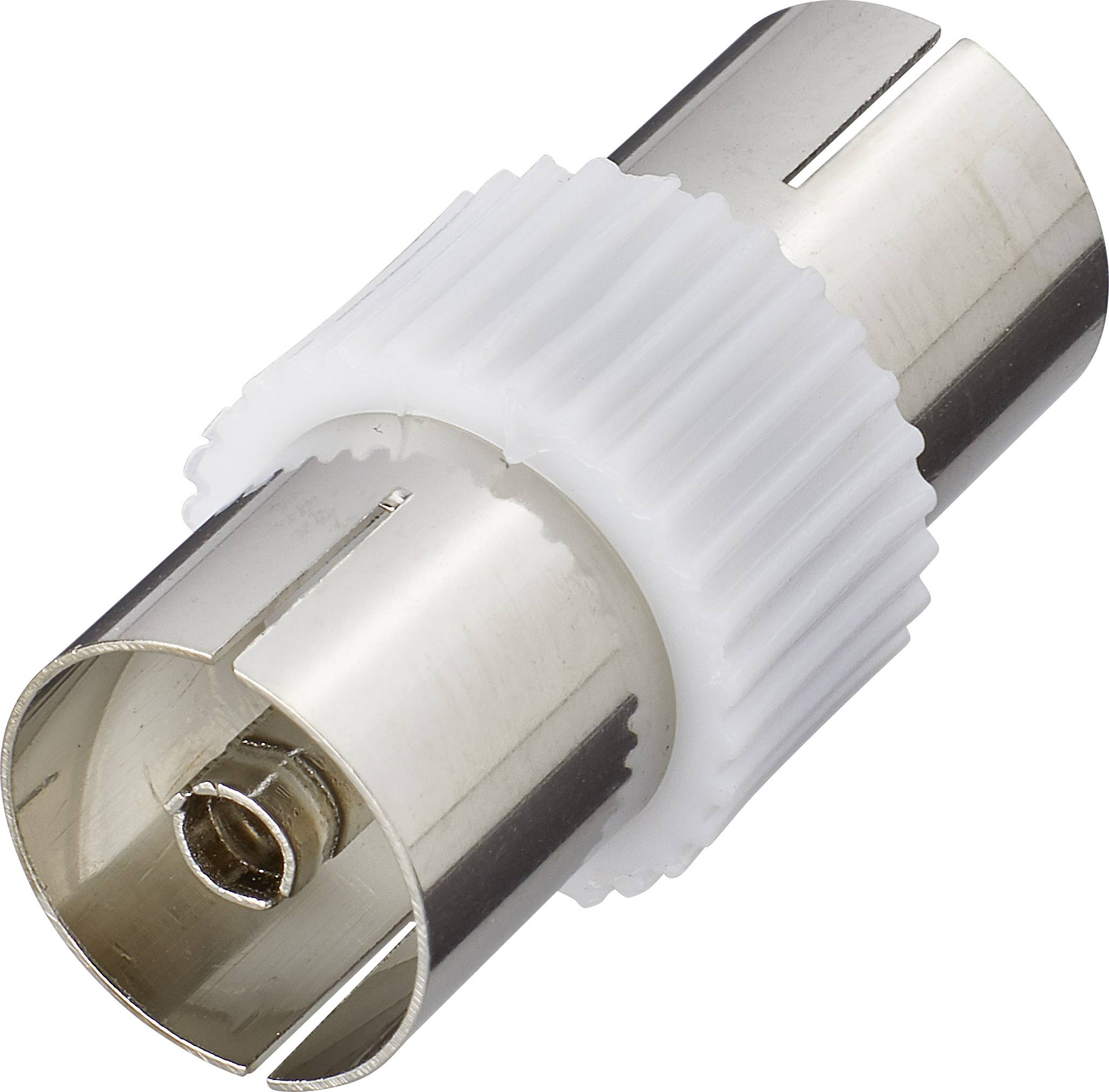 Adaptateur coaxial en métal avec anneau en plastique blanc, utilisé pour connecter des câbles d'antenne TV.