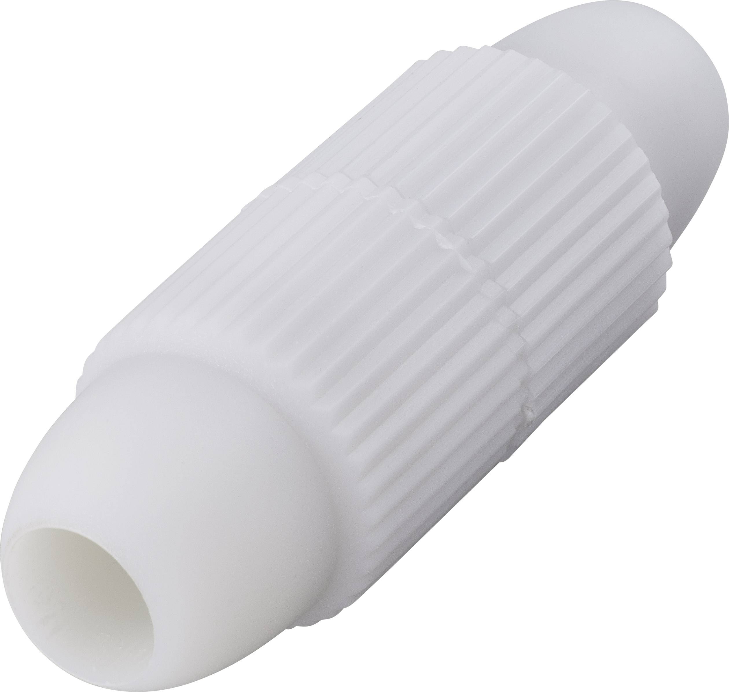 Bouchon en plastique blanc, cylindrique, à surface rainurée, ressemblant à un capuchon de fermeture.