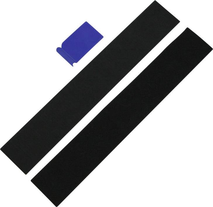 'Deux bandes de grip noir pour skateboard et un outil en plastique bleu pour l'application sur des planches de skateboard.'