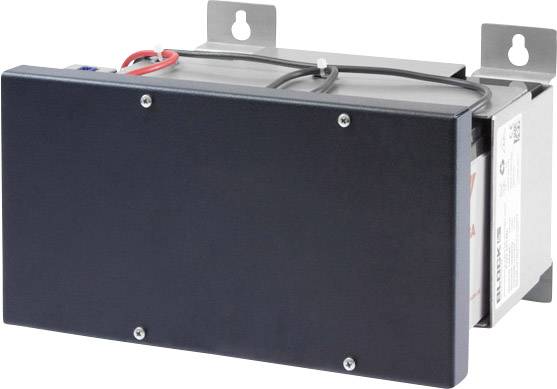 Boîte métallique noire avec plusieurs vis et peu de câbles visibles, fixée sur des supports muraux. Appareil électrique.