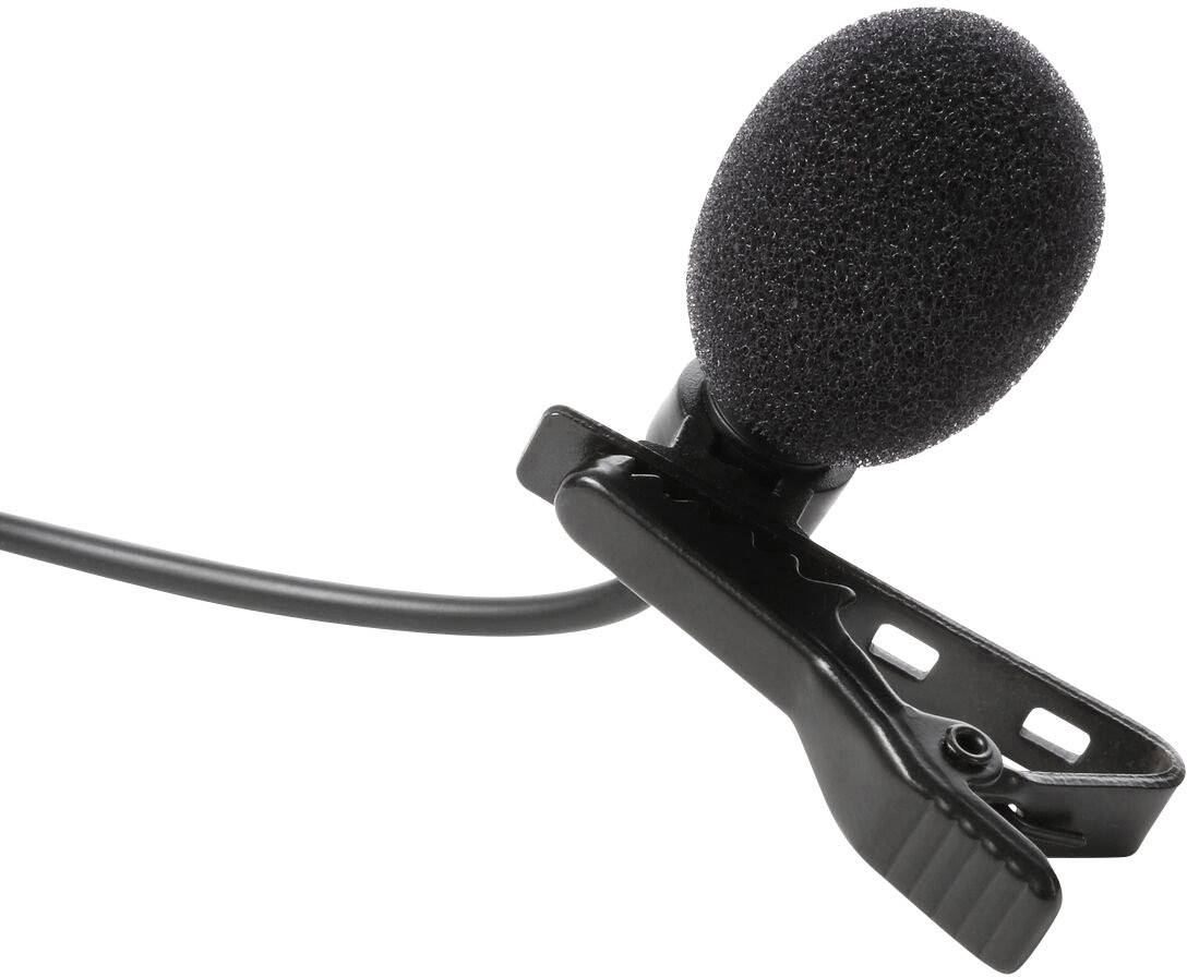 Microphone cravate avec housse en mousse noire et pince de fixation pour vêtements.