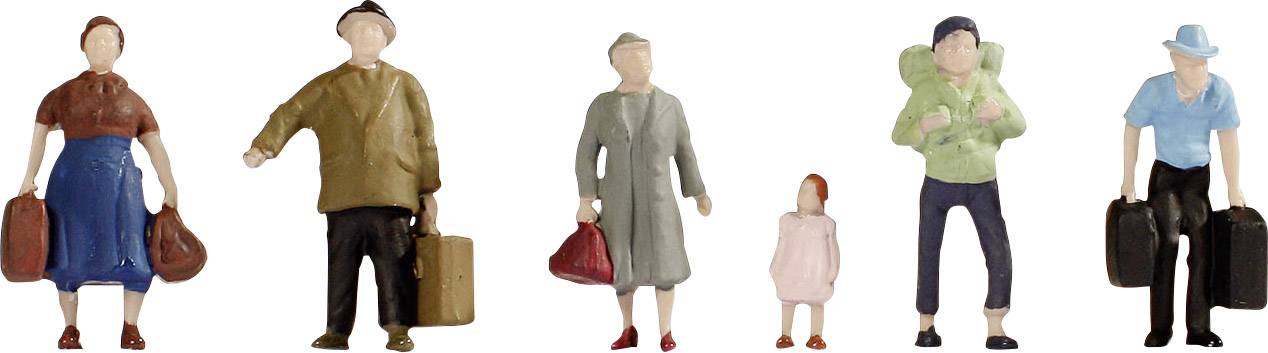 Six petites figurines avec des valises et des sacs à dos symbolisent des voyageurs. Différents âges et tenues suggèrent diverses manières de voyager.