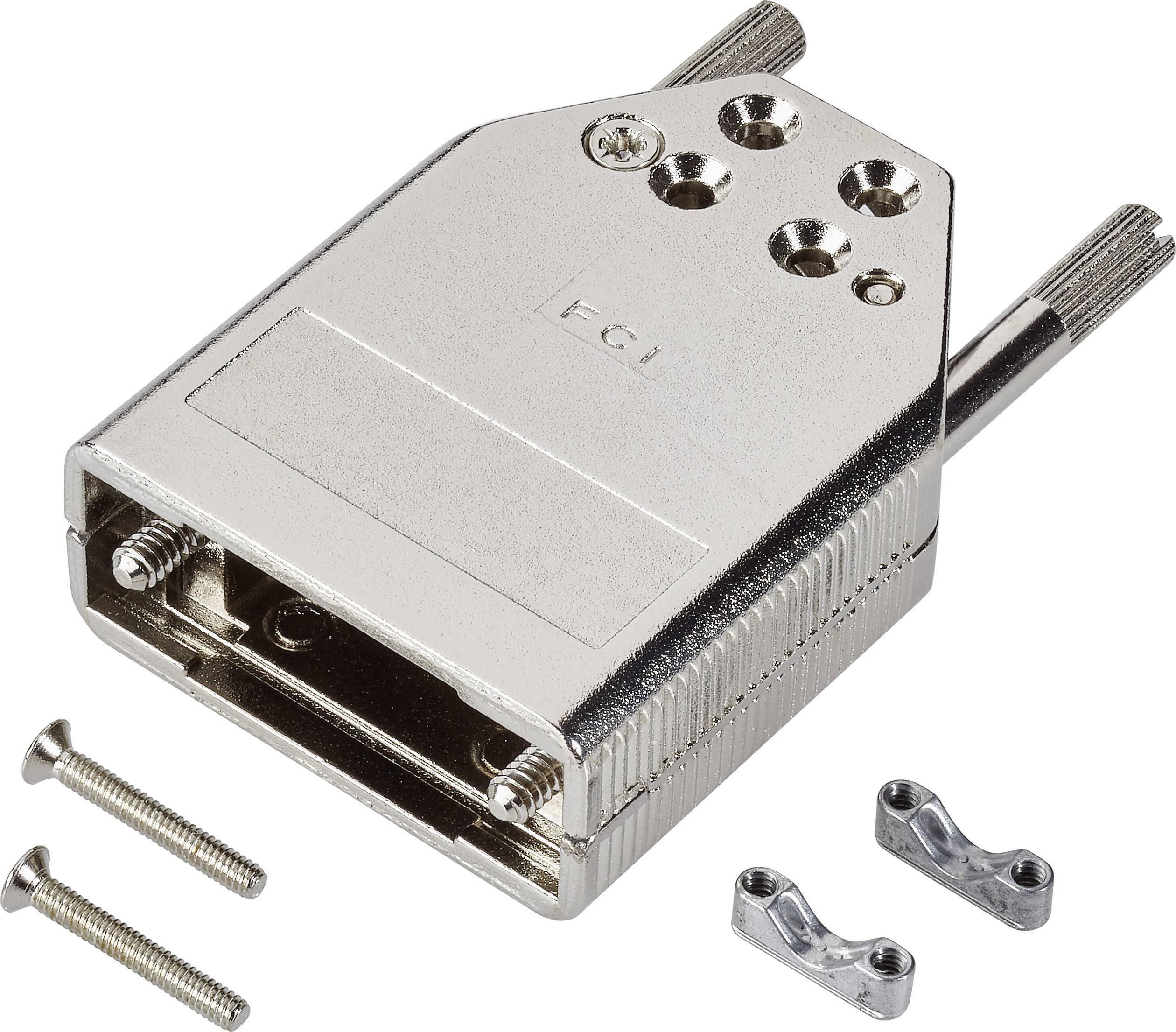 Connecteur de boîtier métallique avec deux vis et deux petits éléments de liaison.