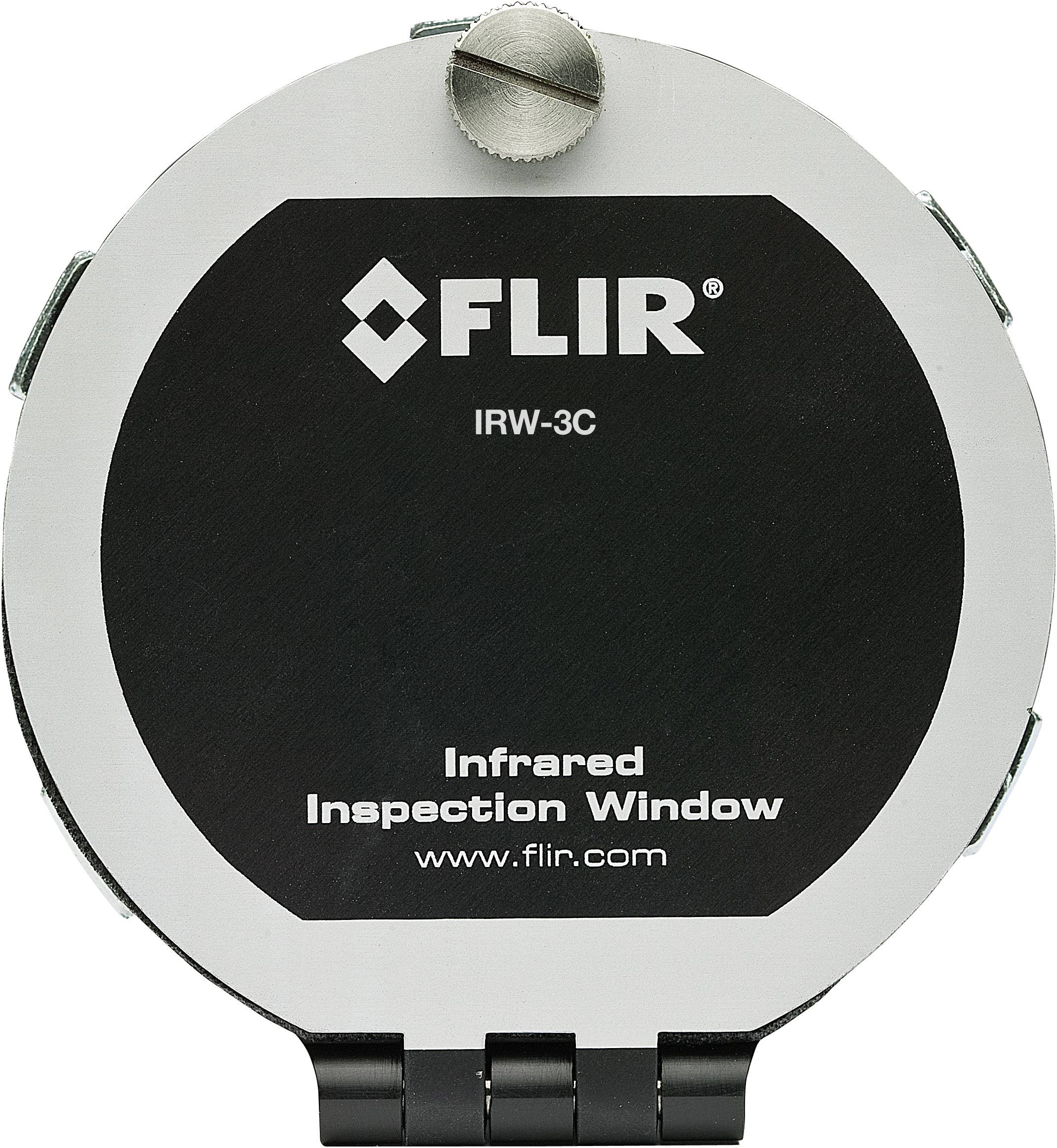 Fenêtre d'inspection infrarouge circulaire FLIR, modèle IRW-3C, avec façade noire et vis argentée en haut, logo et site web.
