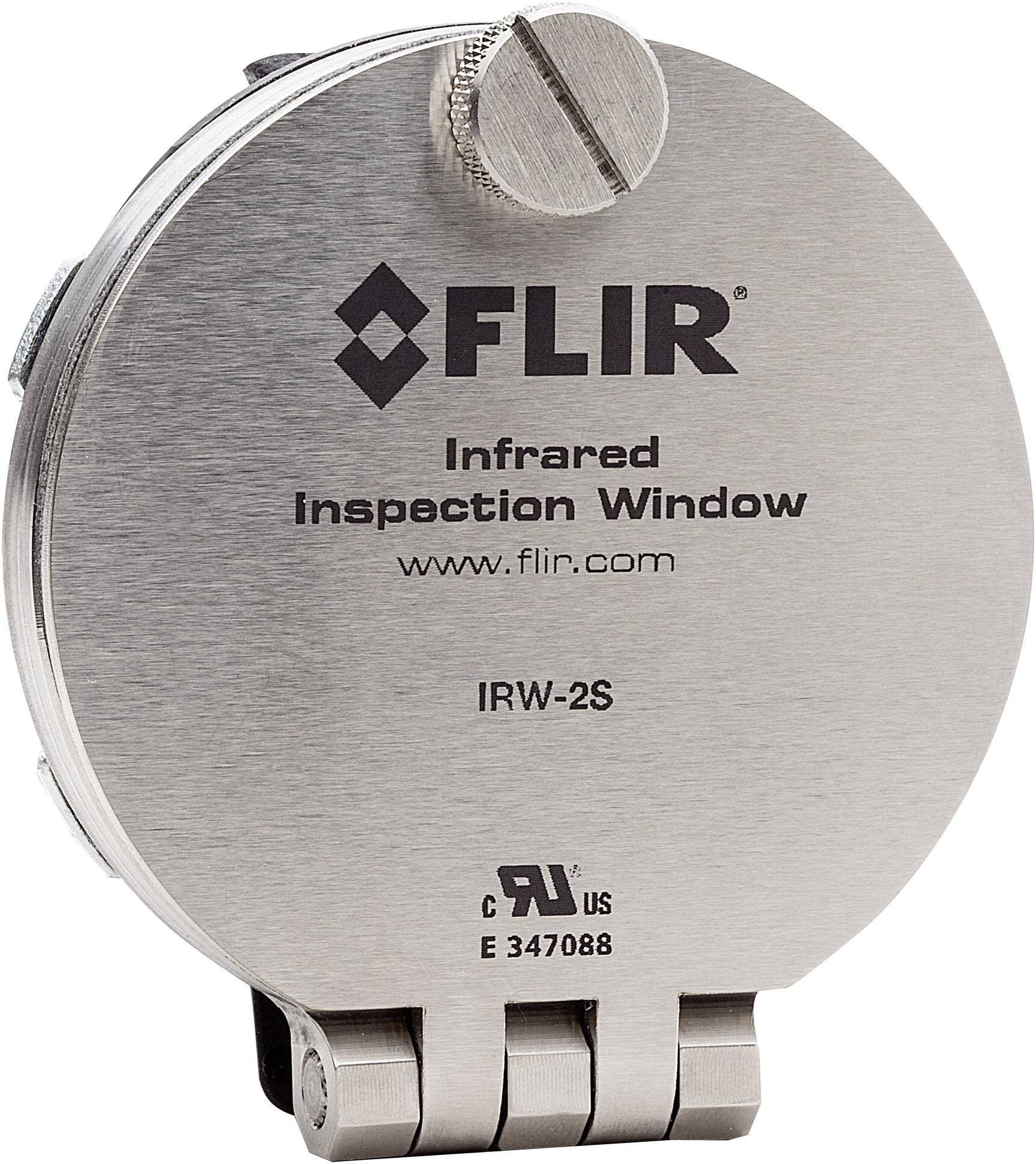 Boîtier métallique rond portant l'inscription « FLIR Infrared Inspection Window ». Contient des bornes et des informations techniques en dessous.
