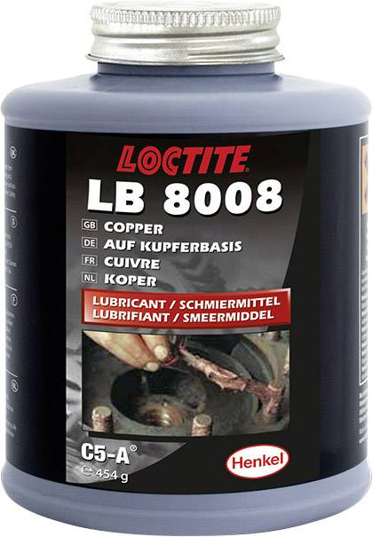 Un récipient noir portant l'inscription 'LOCTITE LB 8008', illustrant l'application d'un lubrifiant sur des composants métalliques.