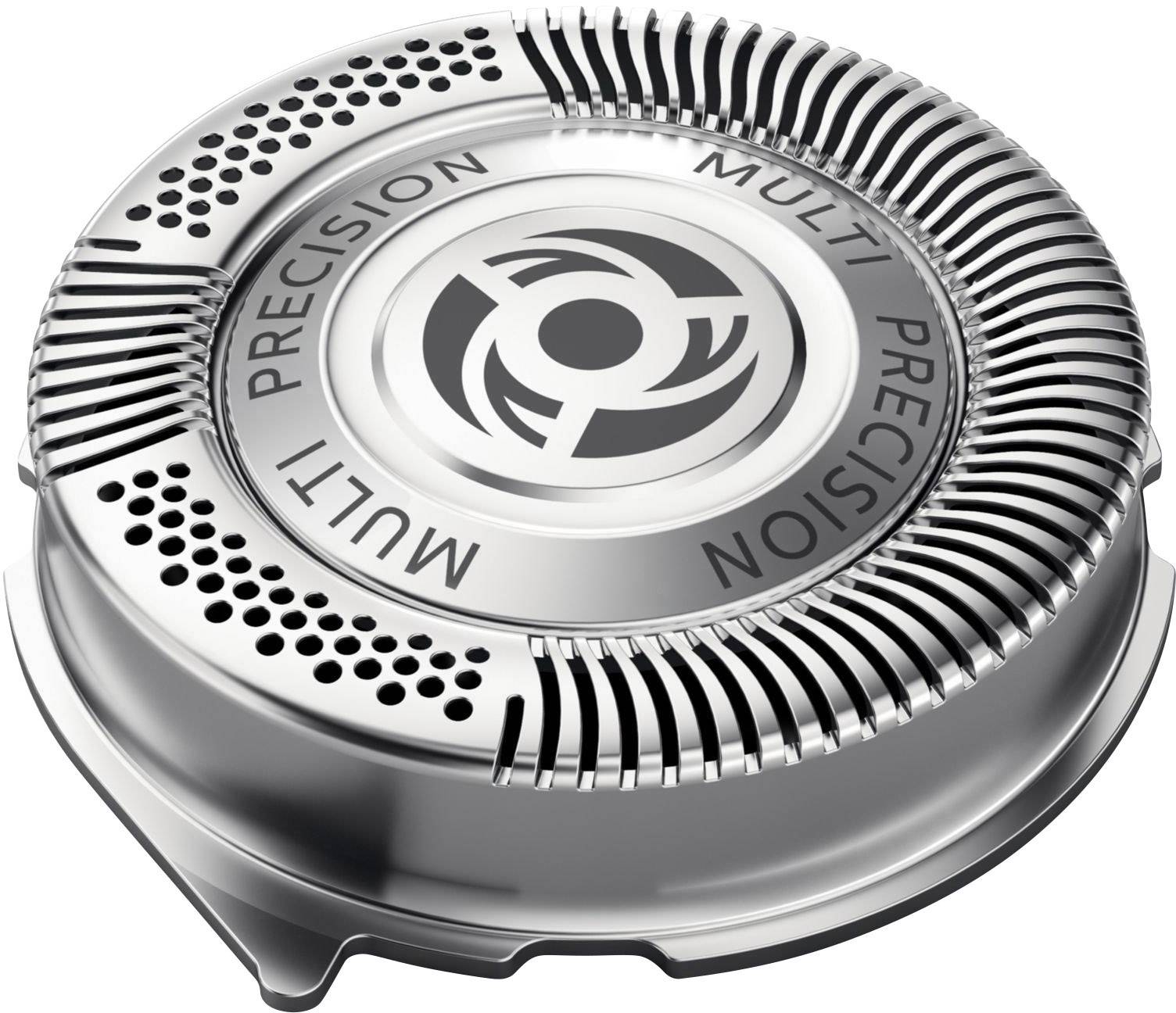 Tête de rasoir circulaire portant l'inscription 'Multi Precision' et présentant un motif en spirale au centre. Elle est fabriquée en métal argenté.