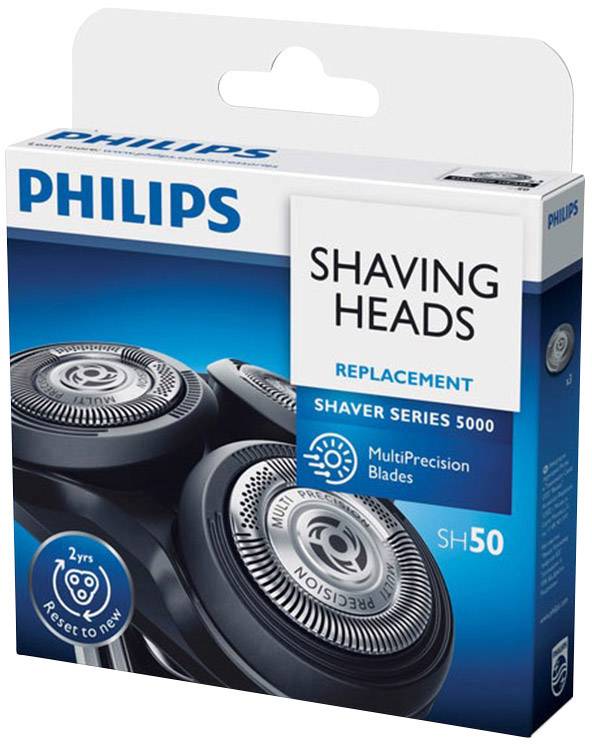 Têtes de rasoir de rechange Philips pour la série 5000 en emballage bleu, numéro de produit SH50, avec lames MultiPrecision.