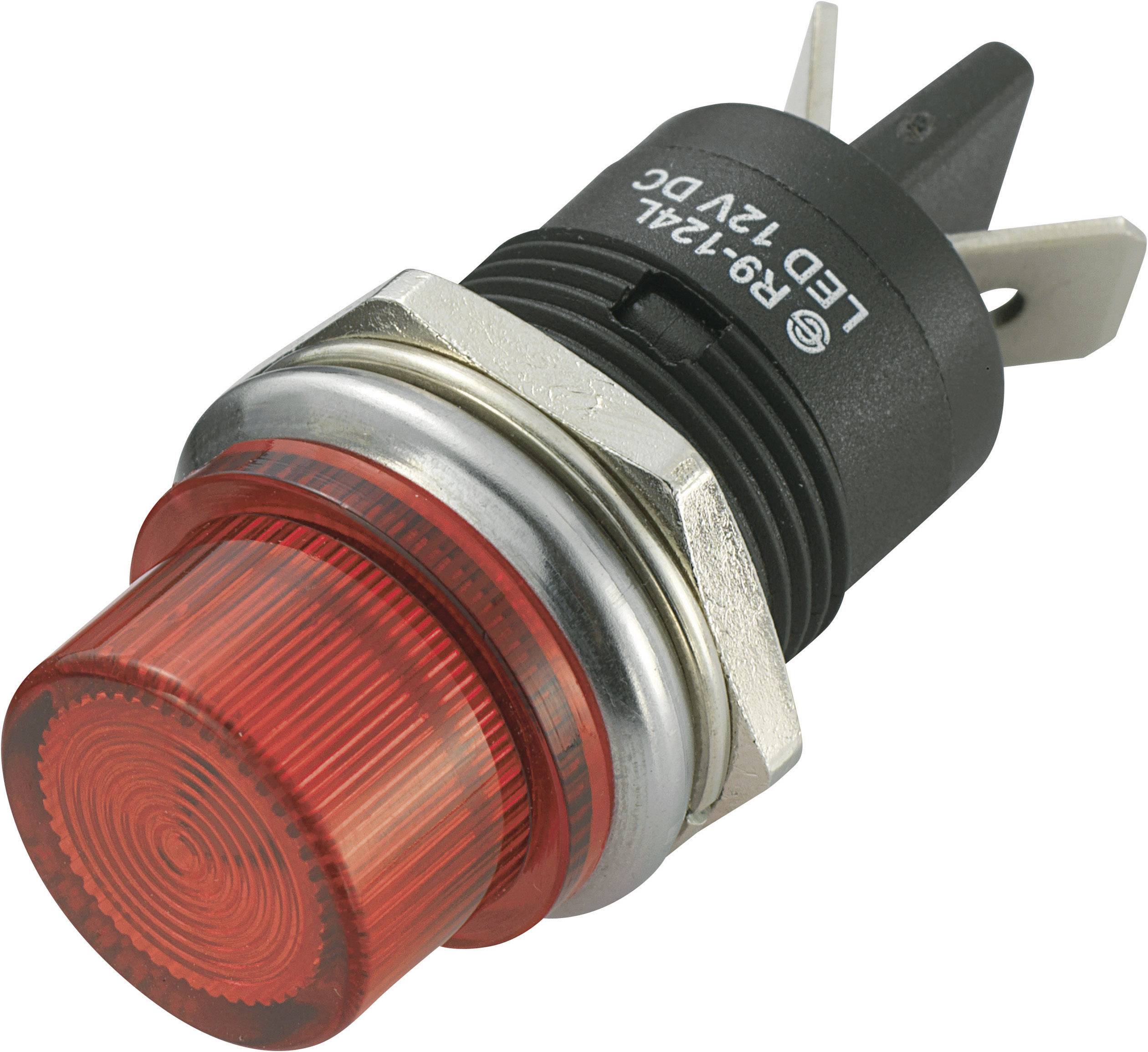 Bouton-poussoir LED rouge, forme cylindrique, avec marquage 12V-DC.