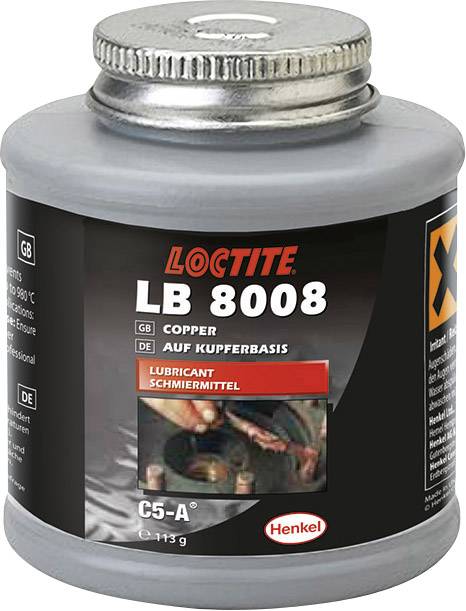 Boîte de graisse cuivrée 'Loctite LB 8008', adaptée aux températures jusqu'à 980°C. Contient des avertissements de sécurité.
