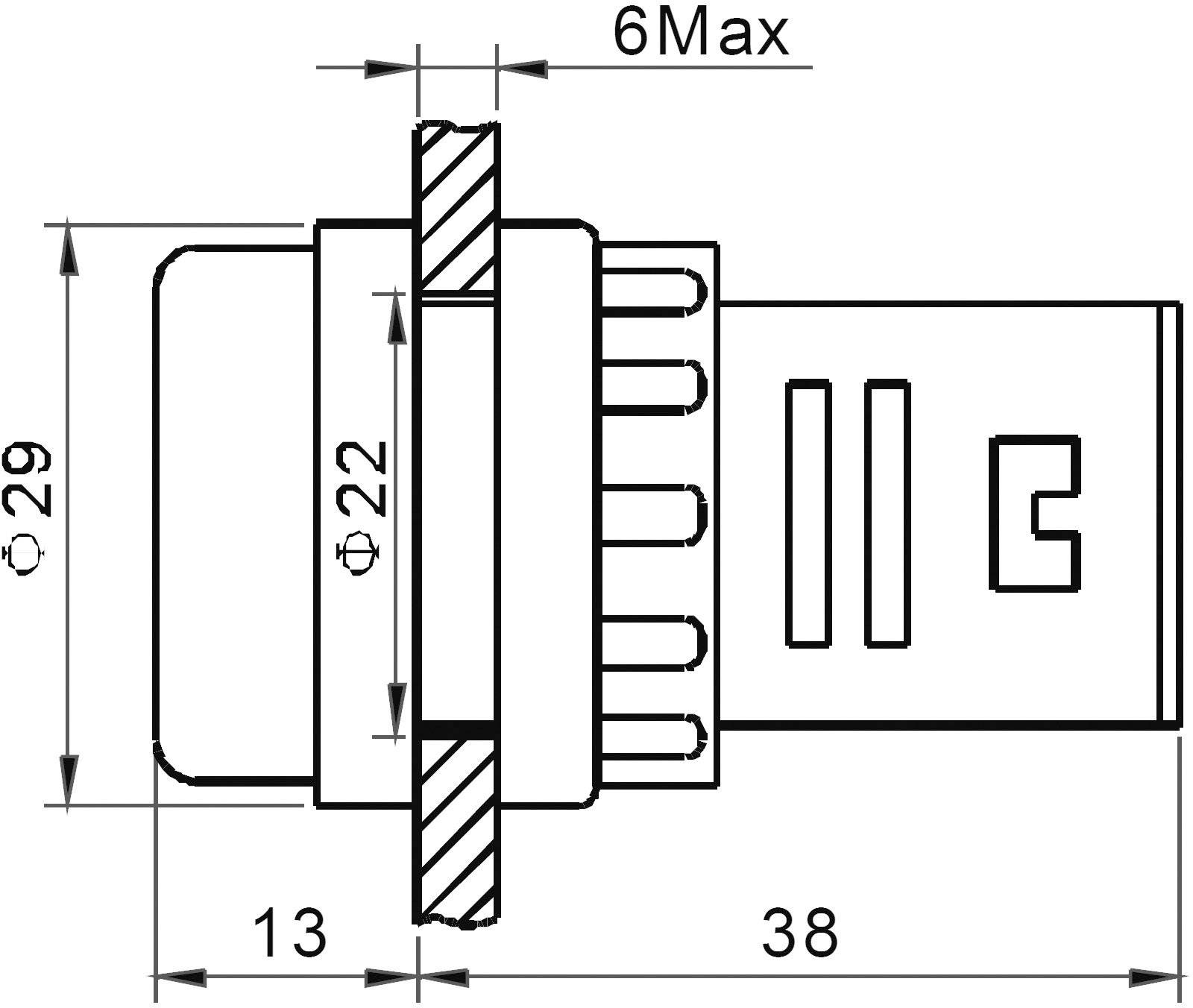 Dimensions d'un interrupteur avec des indications de diamètre de 29 mm et 22 mm. La profondeur est de 38 mm ; la plaque frontale fait 6 mm d'épaisseur.