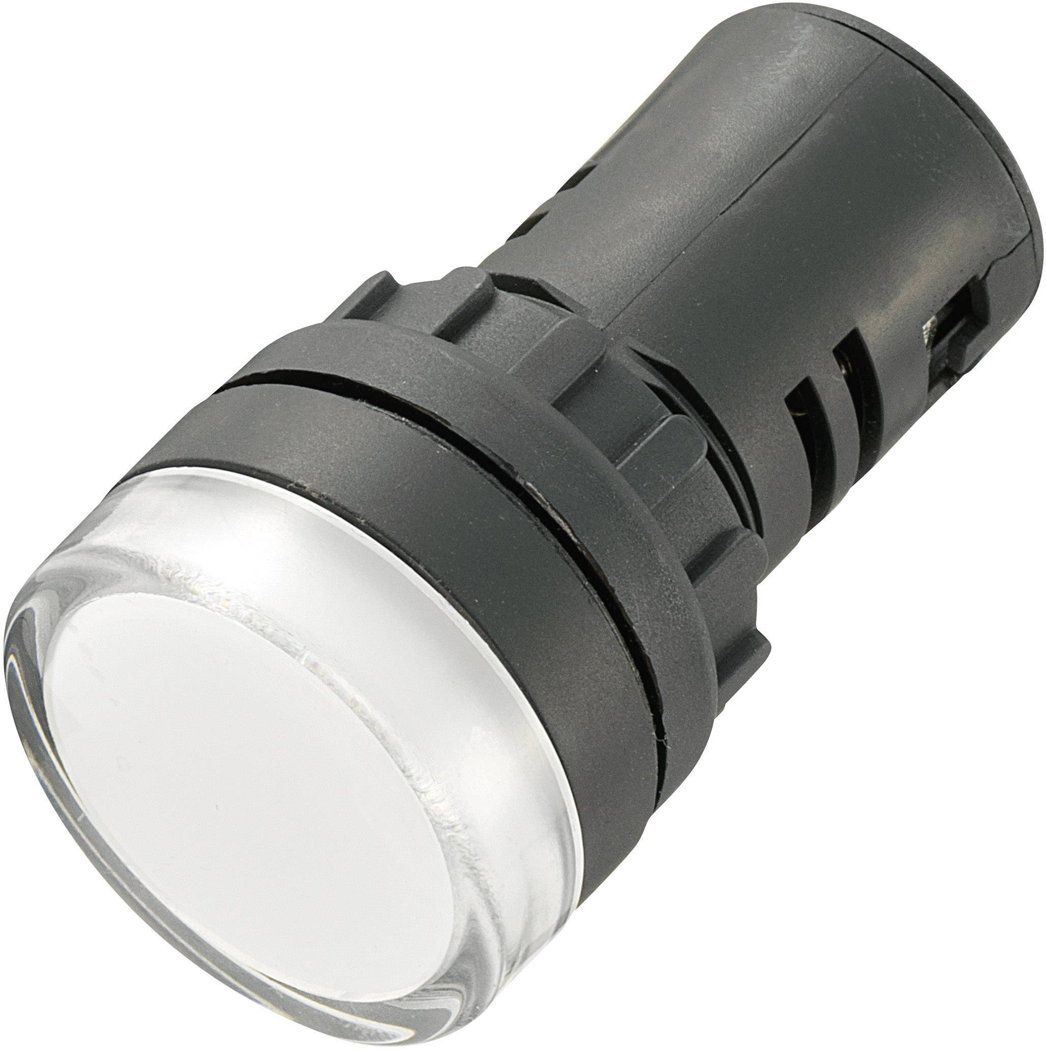 Un connecteur en plastique noir avec un élément lumineux blanc circulaire. Adapté pour une utilisation dans des appareils électroniques ou des véhicules.