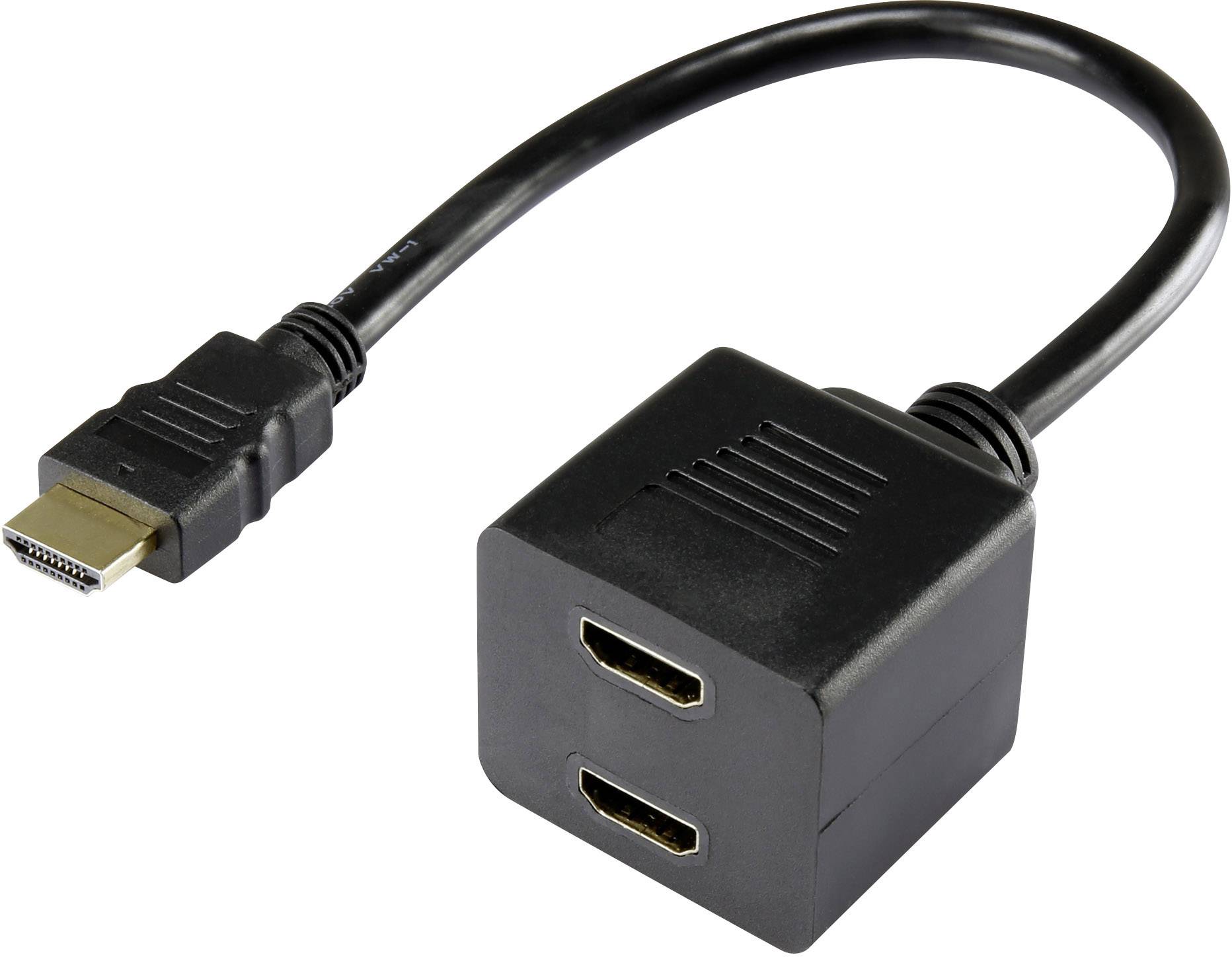 Câble répartiteur HDMI noir avec une fiche HDMI et deux ports HDMI, adapté pour connecter deux appareils à une source unique.