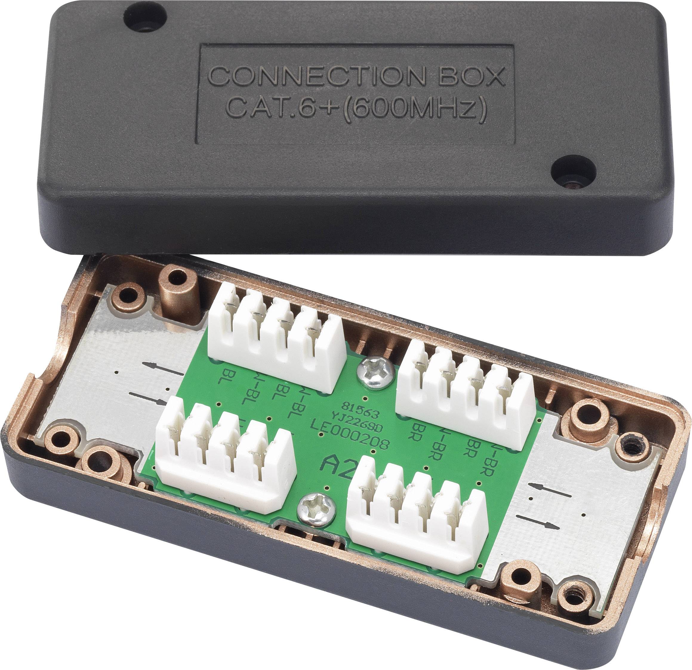 Boîte de connexion noire ouverte, montrant une carte verte interne avec des connexions blanches. Texte sur la boîte : « CONNECTION BOX CAT.6+ (500MHz) ».
