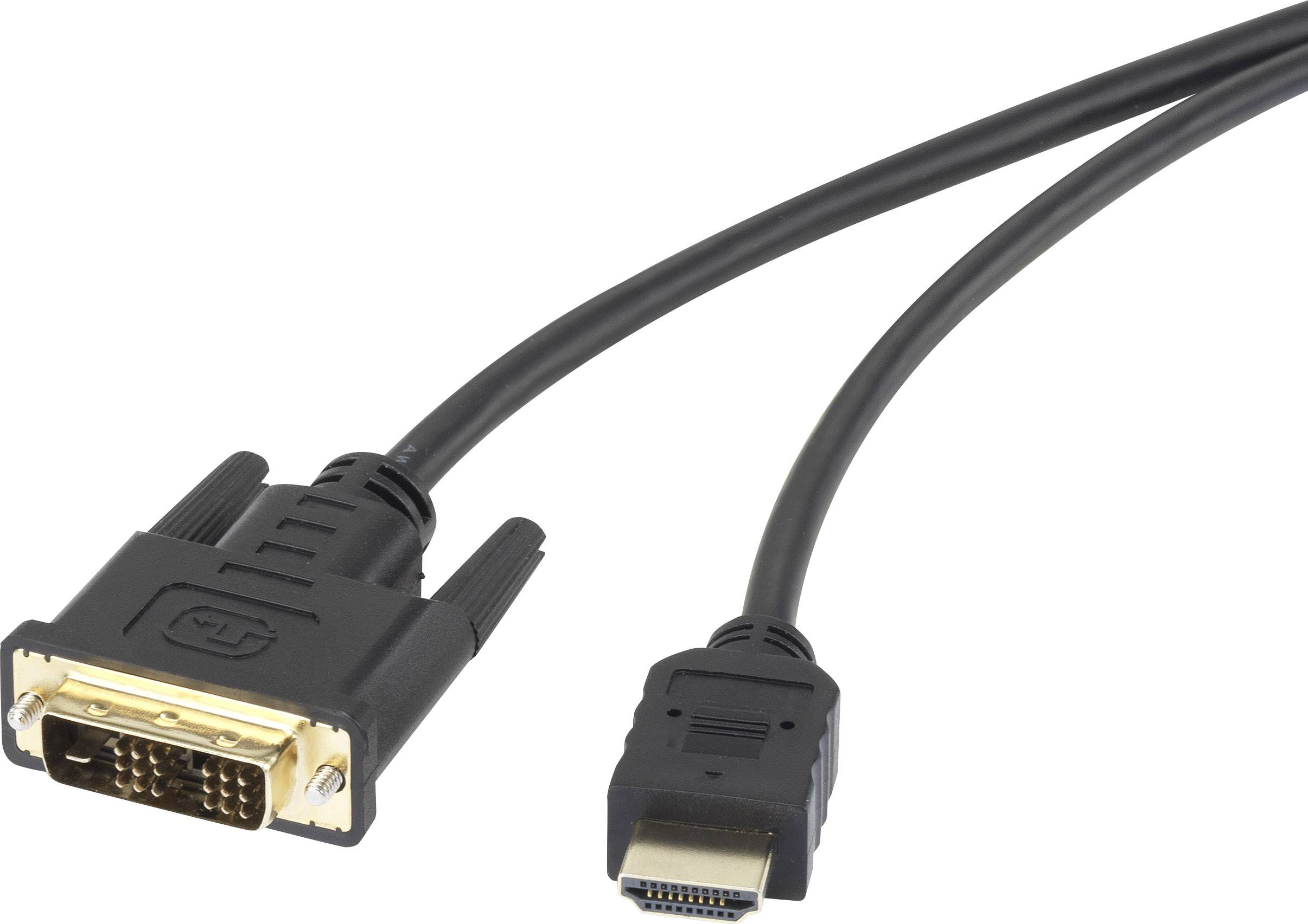 Câble DVI-vers-HDMI, servant à connecter un ordinateur et un écran. À gauche se trouve la fiche DVI, à droite la fiche HDMI.