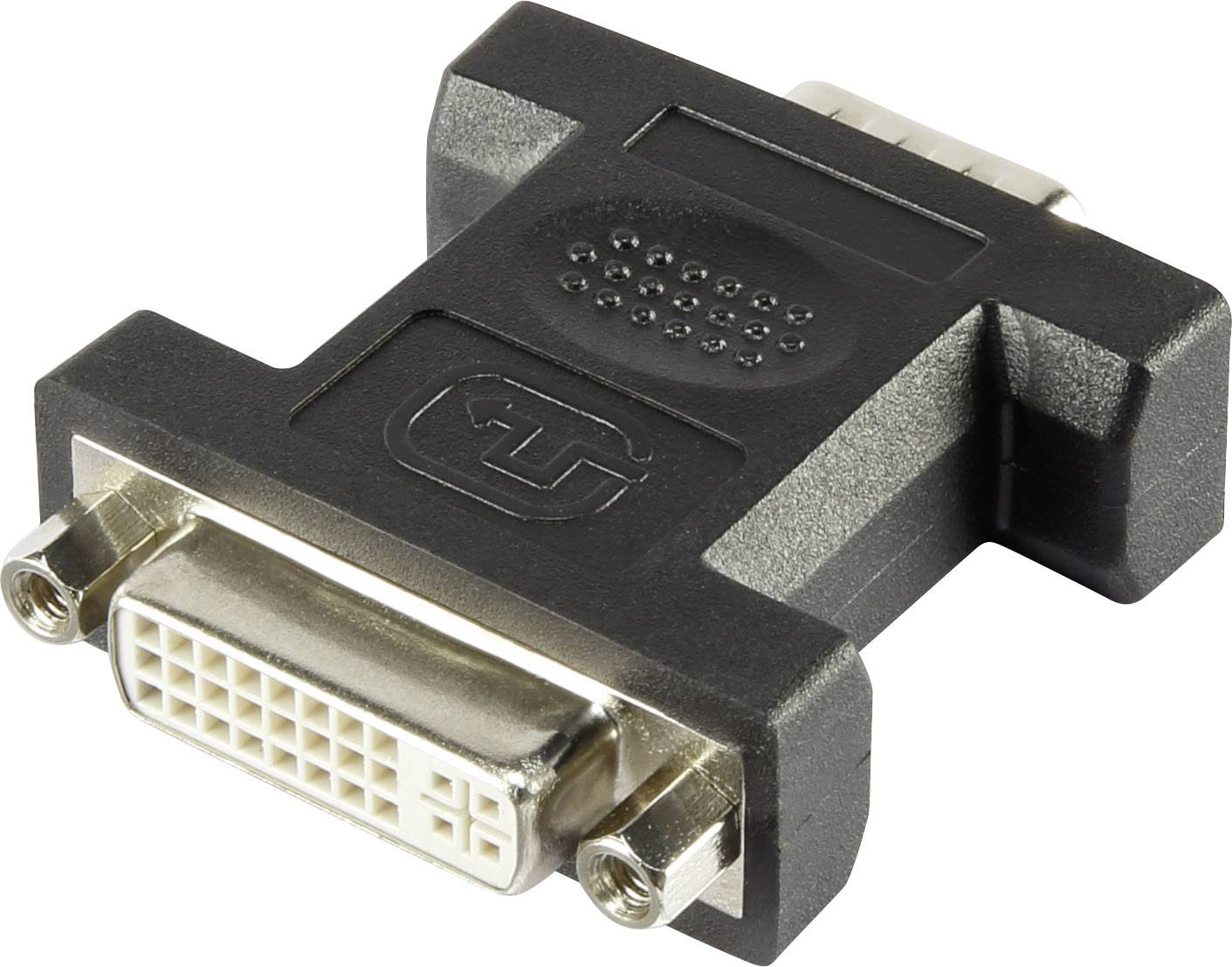 Adaptateur noir convertissant DVI en VGA, présentant un connecteur rectangulaire avec de nombreux petits trous et deux vis.