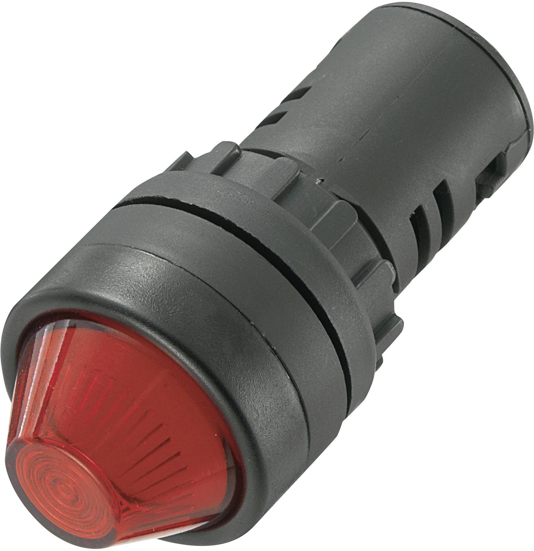 Bouton cylindrique noir avec voyant rouge, utilisé comme signal d'avertissement dans les appareils électriques ou les tableaux de commande.